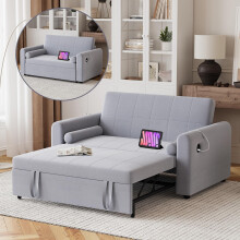 (Light Grey) 2 Seater Sofa Bed, 3 in 1 Convertible Corner Sofa Bed with USB & Type-C Ports, Pull Out Linen Double Sleeper Chair with Pocket and Adjustable Backrest