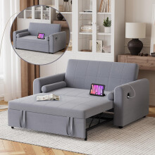 (Dark Grey) 2 Seater Sofa Bed, 3 in 1 Convertible Corner Sofa Bed with USB & Type-C Ports, Pull Out Linen Double Sleeper Chair with Pocket and Adjustable Backrest