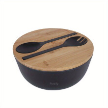 1-tlg., 3700 ml großes Salatschüssel-Set, Holzdeckel und Werkzeuge, schwarz