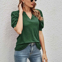 Puffärmel-Bluse V-Ausschnitt OD-Grün XXL lässiges Top