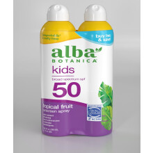 Protector solar en aerosol Alba Botanica para ni  os, para rostro y cuerpo, sabor a frutas tropicales, amplio espectro, FPS 50, resistente al agua