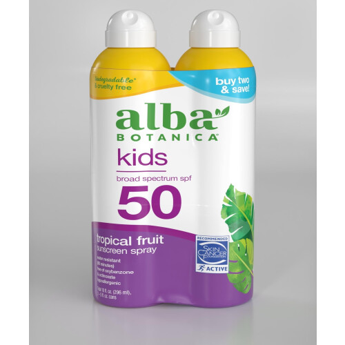Alba Botanica Kids Sunscreen Spray for Face and Body Tropical Fruit Broad Spectrum SPF 50 Water Resistant 5 fl. oz. Bottle (Pack of 2)
