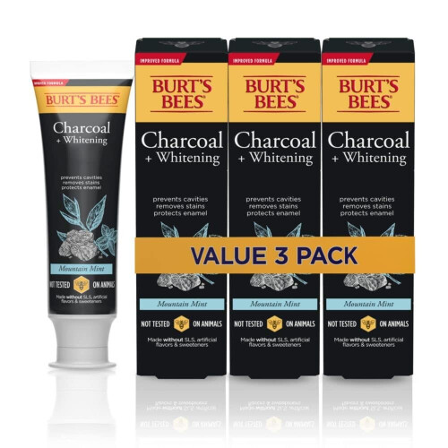 Burt's Bees Toothpaste  Natural Flavor  Charcoal with Fluoride Toothpaste  Mountain Mint  3 x 4.7oz