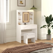 WestWood White Dressing Makeup Table Set Stool LED Mirror Hooks Adjust Shelves