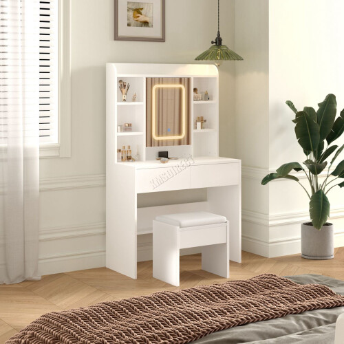 Westwood WestWood White Dressing Makeup Table Set Stool LED Mirror Hooks Adjust Shelves