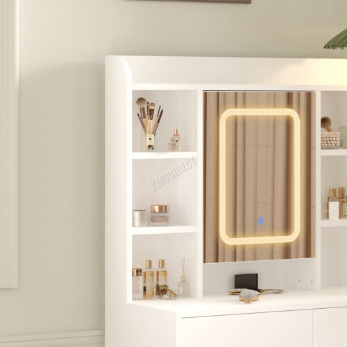 Westwood WestWood White Dressing Makeup Table Set Stool LED Mirror Hooks Adjust Shelves 2