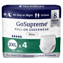 NorthShore GoSupreme Overnight Incontinence Underwear 8-Hour Pullup Style 3X-Large 4 Count Trial White 74-90 inches Unisex Adult Diapers