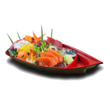 Happy Sales HSSB-10RB  Sushi Boat Shape Plate Sushi Sashimi Serving Plate Melamine Plastic Tray 10 x 4.5 Inch (Red Black)