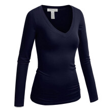 Emmalise Women's Casual Basic V-Neck Tshirt Long Sleeves Tee Top - Navy, L