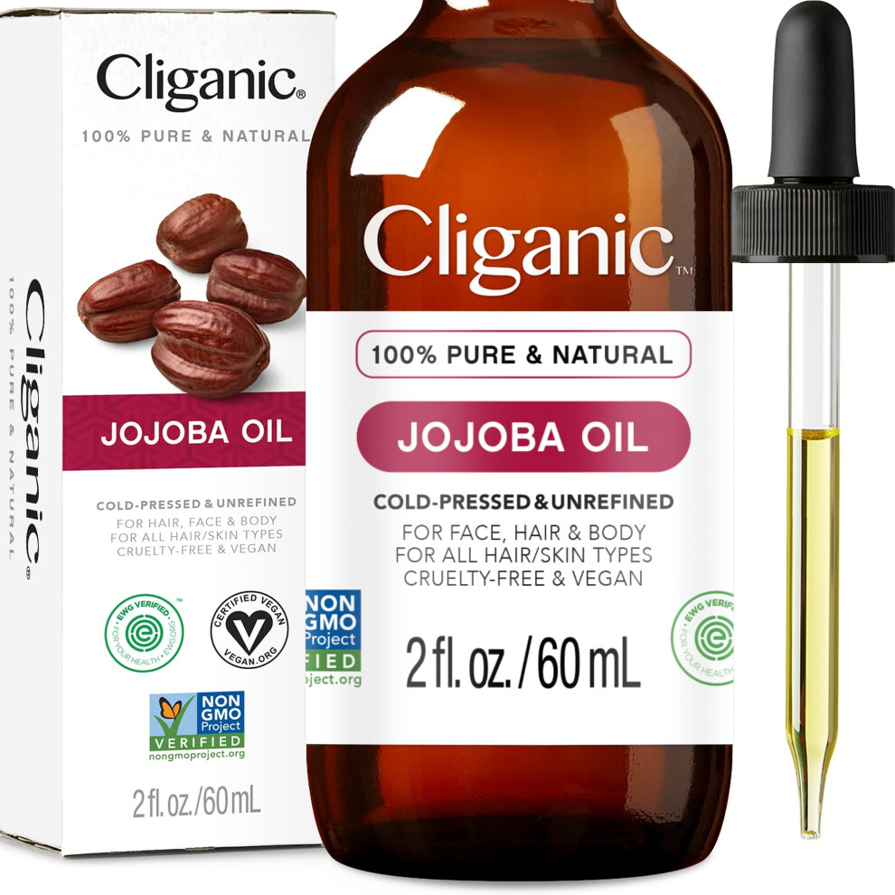 Cliganic Non-Gmo Jojoba Oil For Skin Hair & Face (2Oz) | 100% Pure Natural Cold Pressed Unrefined Hexane Free