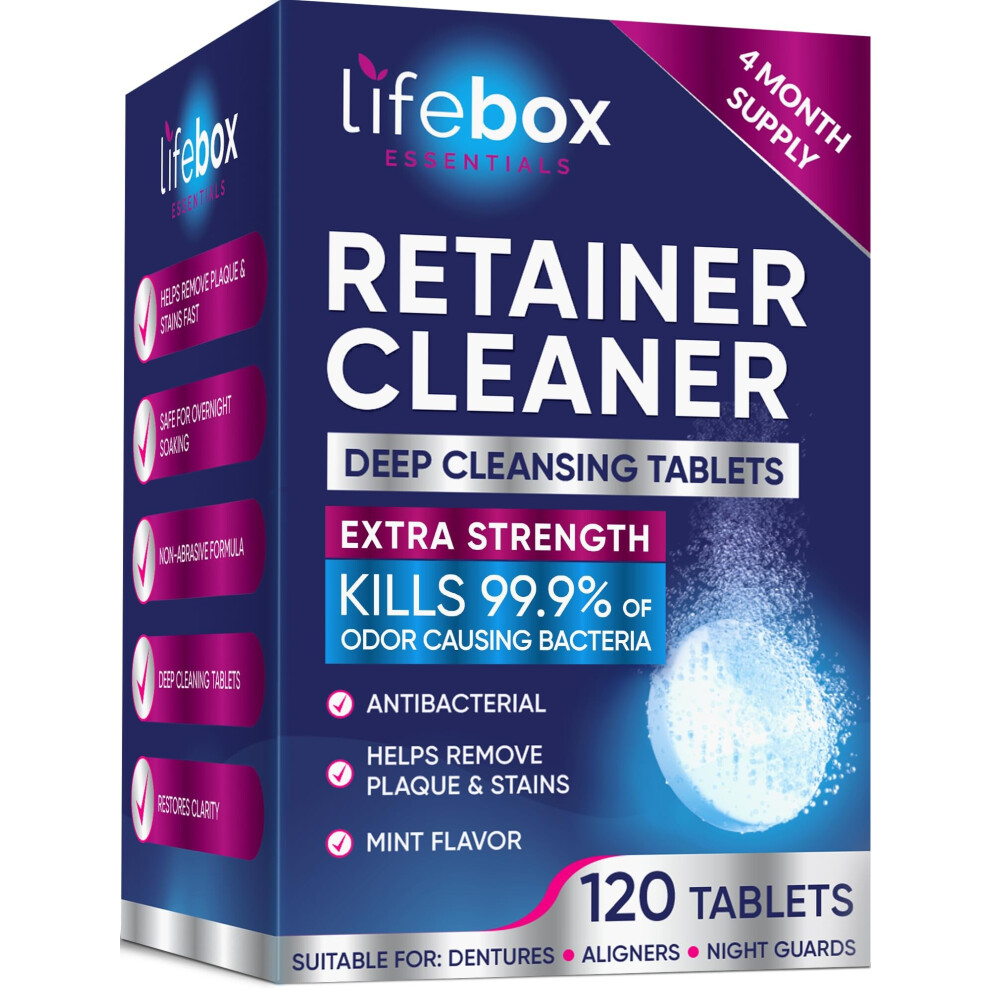 Lifebox Essentials 120-Count Mint Retainer & Denture Cleaner Tablets For Aligners, Retainers, Dentures & Night Guards – Odor & Stain Removal