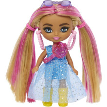 Poup  e Barbie Extra Mini Minis avec des tresses blondes    m  ches roses portant une robe bleue et des accessoires et un support 3,25 pouces