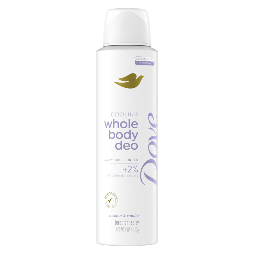 Holubica Dove Whole Body Deo Aluminum Free Invisible Spray Deodorant Coconut & Vanilla For 72H Odor Control 4 Oz