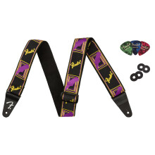 Fender Neon Monogrammerad 2-tums Gitarrrem - Lila och Gul Bundle med Remblock och Plektrum