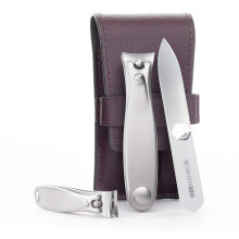 GERMANIKURE Nail clippers and Glass Nail File Set in Dark Purple Leather Case - Made in Solingen Germany of FINOX Stainless Steel Glass Nail Care Sup