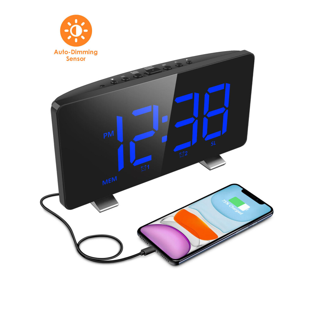 Digital Alarm Clock For Bedrooms With Fm Radio Dual Alarms 6.7'' Led Screen 12/24H Automatic Dimmer Snooze For Kid Senior Greenzech
