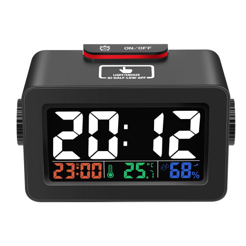 (Black) Brother Double Knob Simplified Alarm Clock Touch Adjust Backlight with Temperature Hu 1