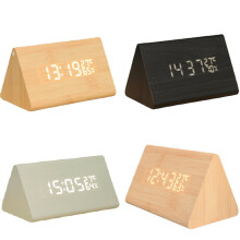 (Grey) Voice-activated Triangle Alarm Clock Humidity Temperature Sensing Wooden Desk Clock LED Digital Display Alarm Clock