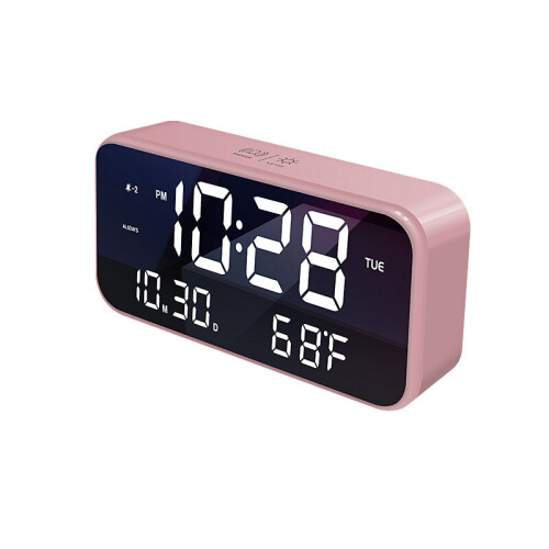 (White) USB LED Music Alarm Clock Mirrow Effect Sound Brightness Control Snooze Function Time Thermometer Temperature LED Display Desktop Clock 2