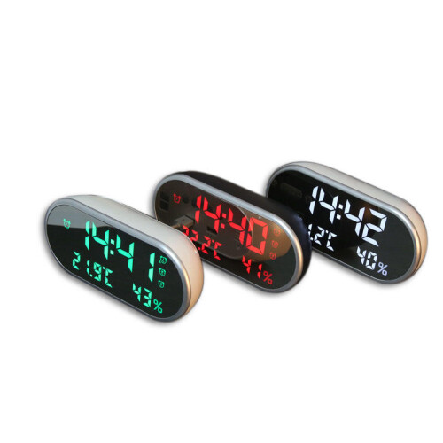 (Grey) Digital USB Alarm Clock Portable Mirror HD LED Clock with Time Humidity Temperature Display Function