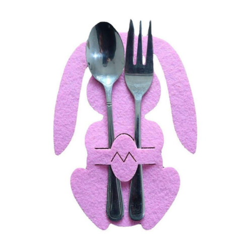 (Pink) 4pcs Easter Bunny Cutlery Storage Bag Pocket Spoon Fork Knife Cutlery Holder 2