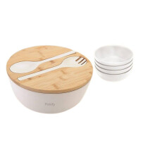 Robustes Salatschüssel-Set aus Bambus mit Deckel. Weiße Salatschüssel + 4 kleine Schüsseln.