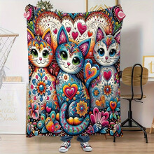 Buntes Plaid mit Katzen und Blumen - dekoratives Design für das Zuhause, 130*150cm