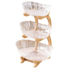 Robustes mehrschichtiges Obstkorb-Set auf einem Holzständer. Transparente drei Schichten