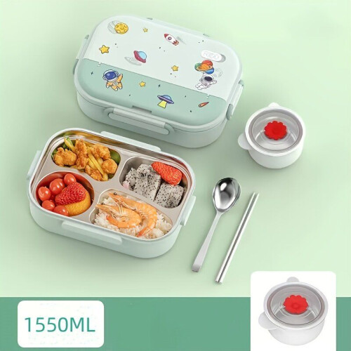 Lunchbox aus Edelstahl mit Deckel Schüssel mit grüner Suppe mit Löffel und Stäbchen