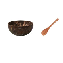 Schüsselset aus Kokosnussschalen mit Holzlöffeln.