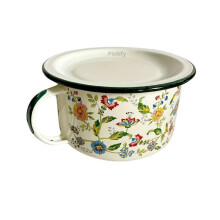 Ein Set floraler Emaille-Schüsseln mit Deckel