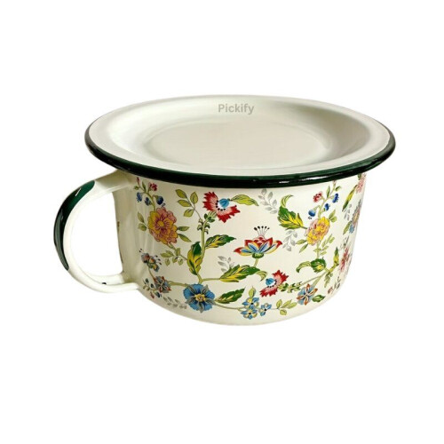Ein Set floraler Emaille-Schüsseln mit Deckel