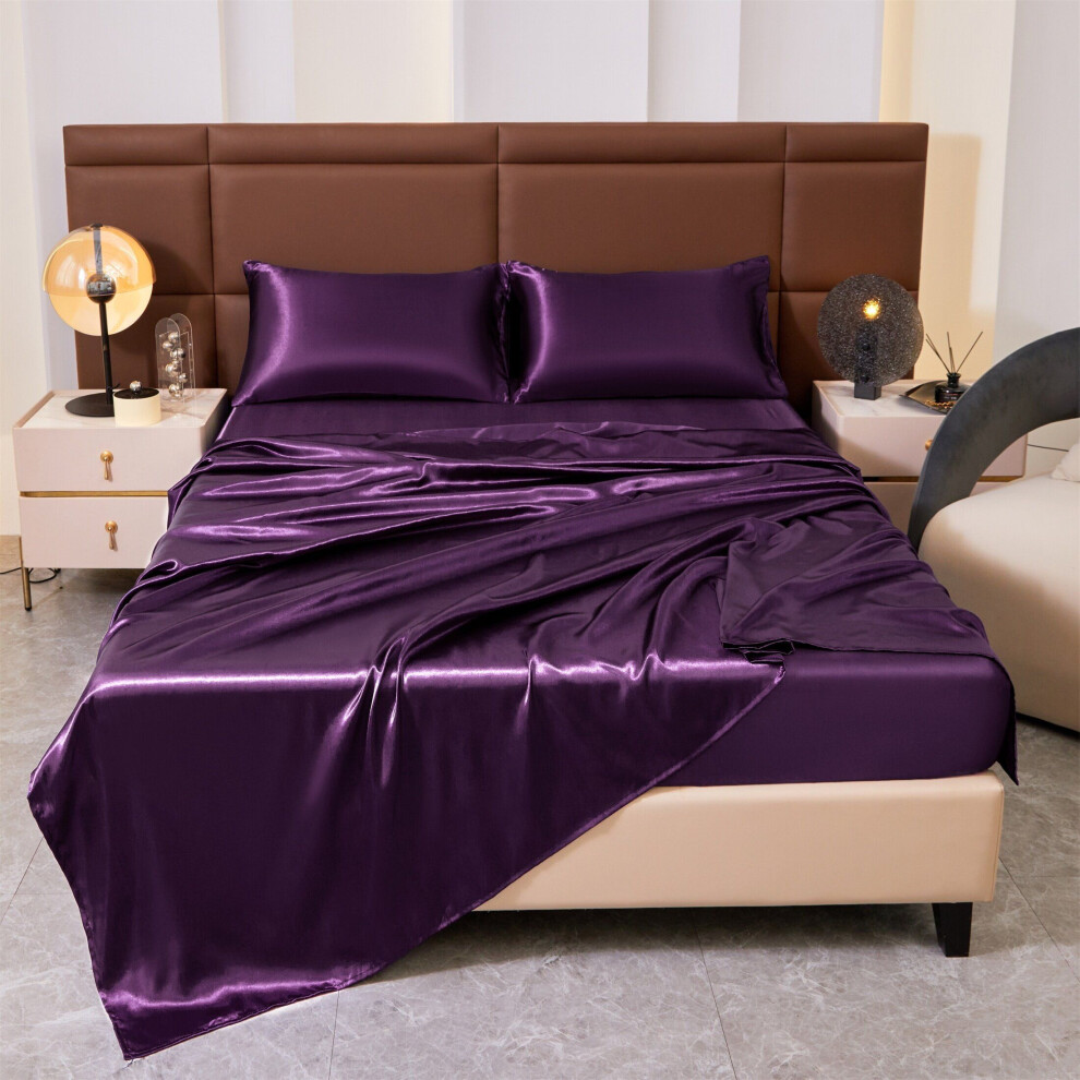 Ensemble de draps en satin 4 pièces, couleur unie, violet foncé, 152 cm x 203 cm