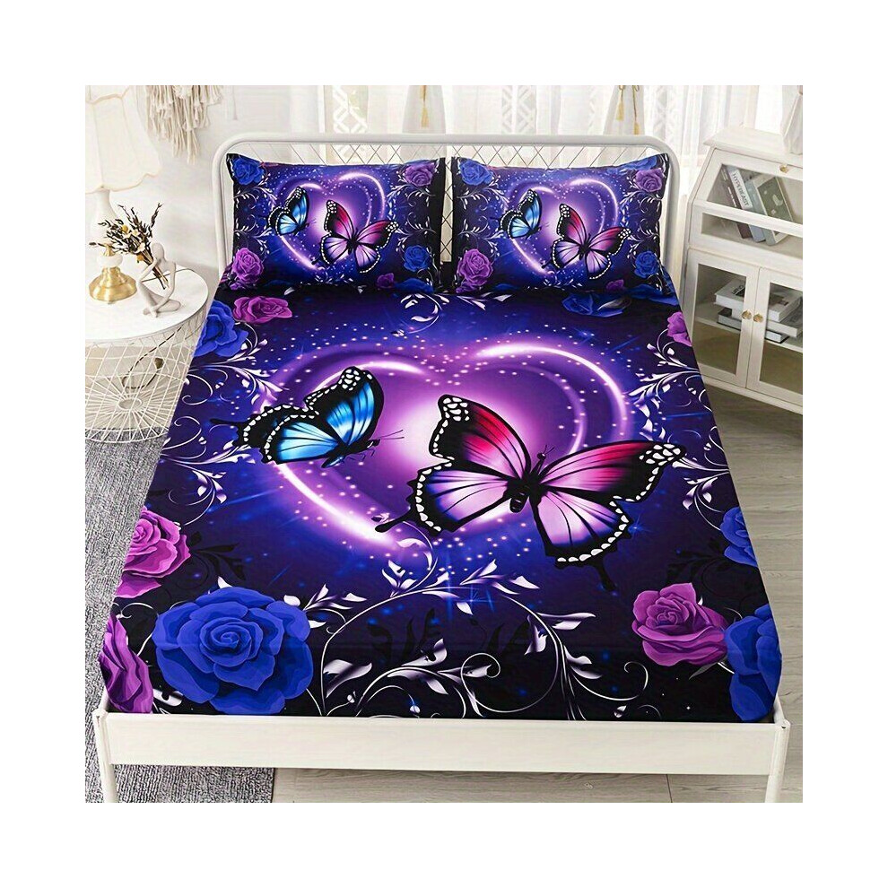 Parure de lit romantique 3 pièces, imprimé fleurs papillon violet, 137 cm x 193 cm
