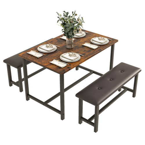3 Piece Dining Table Set, Metal Frame w/ 2 Upholstered Benches, for 4 2