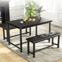 3 Piece Dining Table Set, Metal Frame w/ 2 Upholstered Benches, for 4