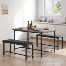 3 Piece Dining Table Set, Metal Frame w/ 2 Upholstered Benches, for 4