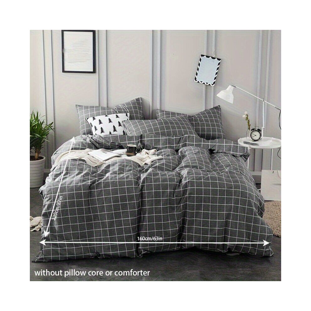 Parure de draps housse 3 pièces, microfibre brossée, carreaux gris, 160 cm x 220 cm