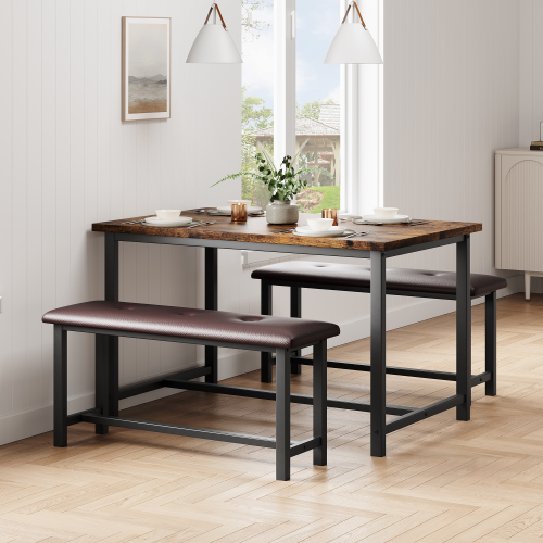 3 Piece Dining Table Set, Metal Frame w/ 2 Upholstered Benches, for 4 1