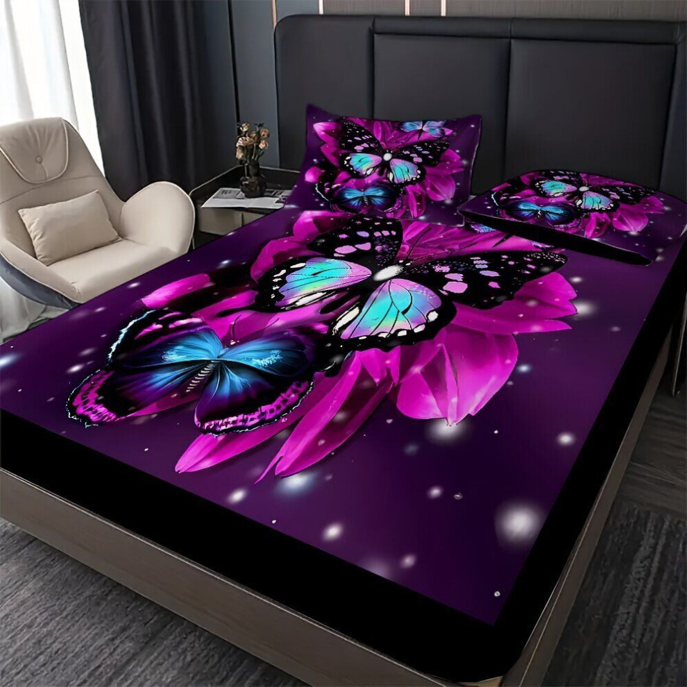 Parure de draps-housses 2/3 pièces, violet, motif papillon fantaisie, 203 cm x 198 cm