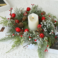 (B) Candlestick Wreath For Christmas Table Decoration Artificial Leaves Candle Ring Candlestick Garland Home Decor