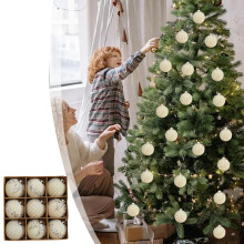 (Beige) Flocking Painting Set 8cm Christmas Ball Painted Christmas Tree Pendant Multicolor Exquisite Workmanship Christmas Decorations