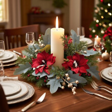 (C) Christmas Candlestick Wreath White And Red Pines Cones Pines Branches Green Plant Decoration Suitable For Candle Centerpiece