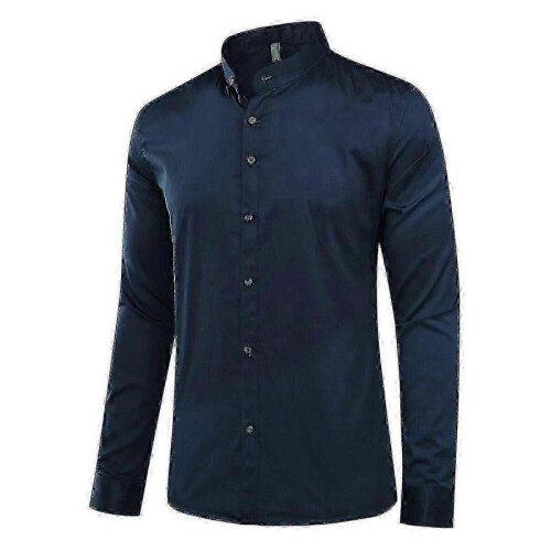 (S, Blue) Mens Banded Collar Slim Fit Dress Shirts