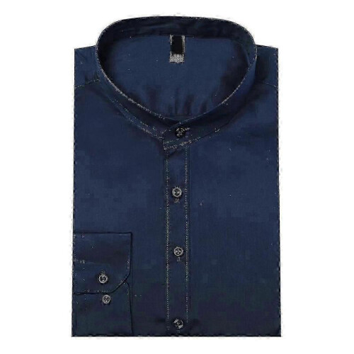 (S, Blue) Mens Banded Collar Slim Fit Dress Shirts 2