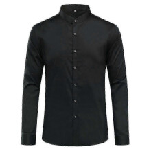 (S, Black) Mens Banded Collar Slim Fit Dress Shirts