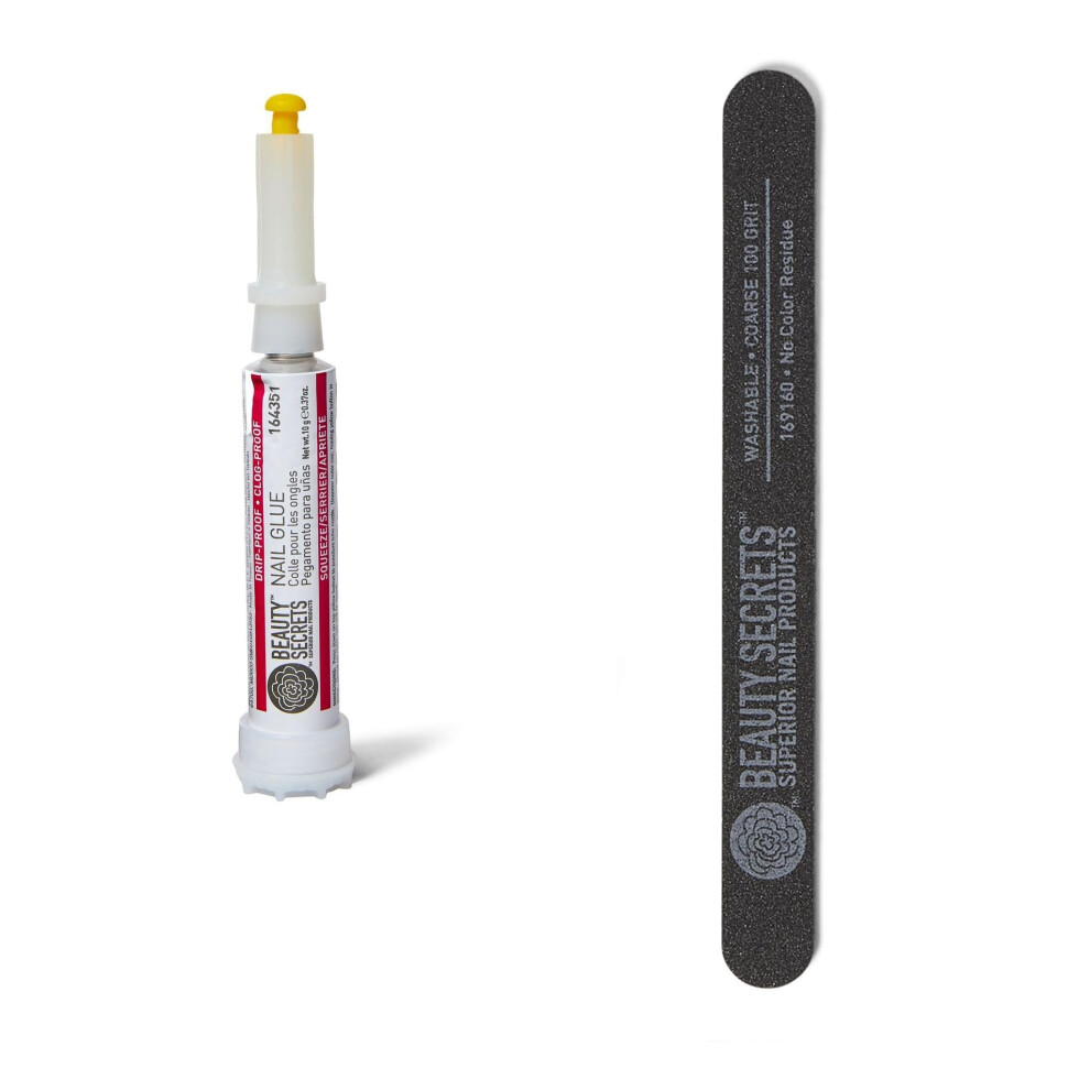Secrets De Beaut Beauty Secrets Drip & Clog Proof Nail Glue (1 Pack) Bundled With Black Coarse 100 Grit Nail File - Bes1544