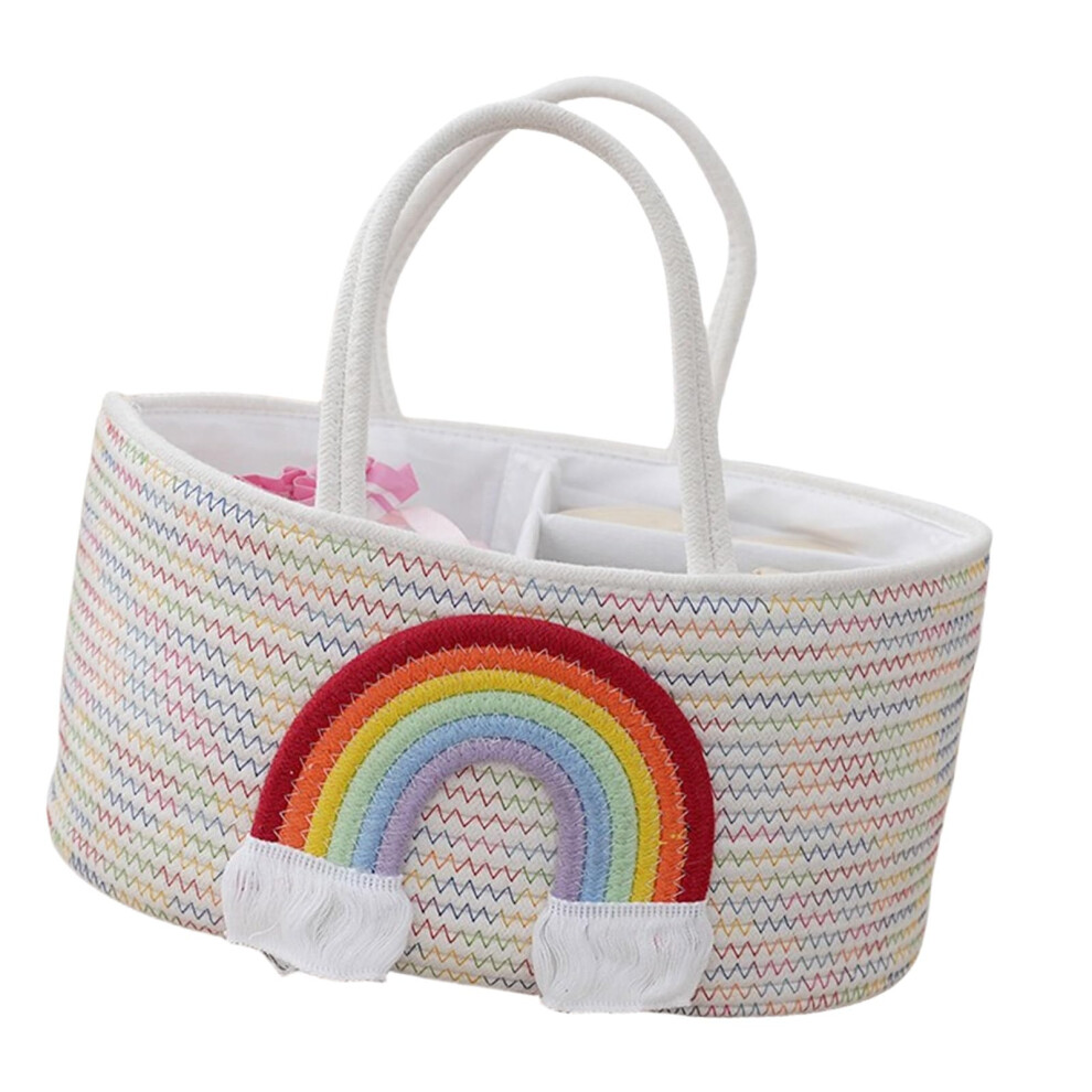 Cotton Cloth Diaper Basket for Nursery, Portable Foldable Storage Bin with Compartments, Rainbow Design for Babies