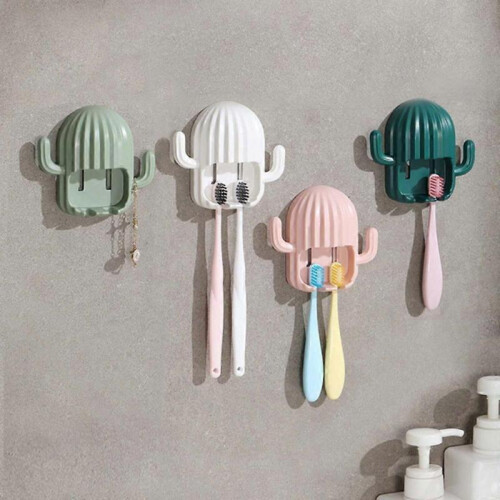 (White) Wall Mounted Cactus Toothbrush Holder Room Bedroom Organization 1