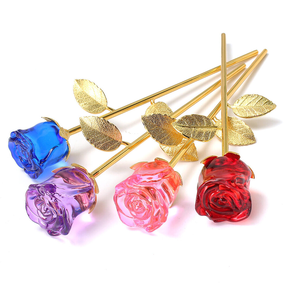 (Blue) Crystal Glass Golden Roses Flower Ornament Valentine Gifts Present with Box Home Decorations